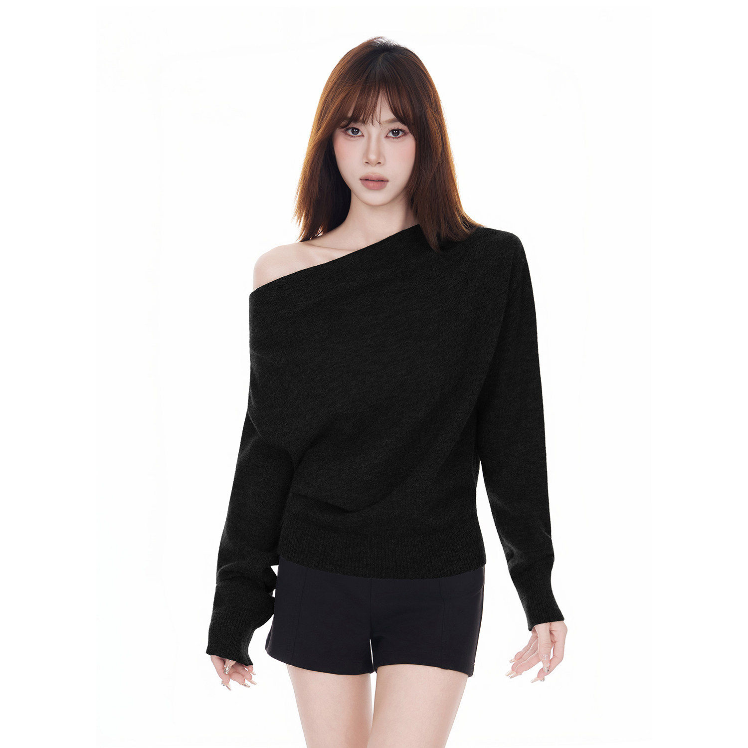 韩版一字肩斜领毛衣女2026新款慵懒宽松高级感露肩打底针织衫上衣