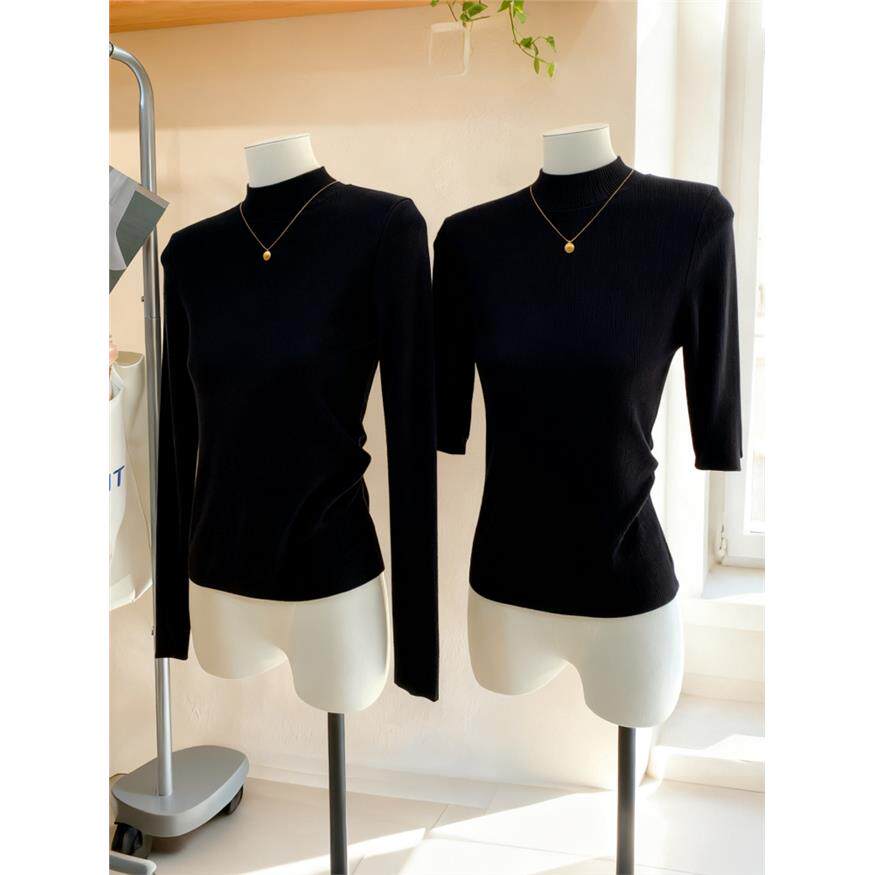 黑色抗起球半高领针织衫女中袖内搭打底衫秋冬季长袖气质显瘦上衣