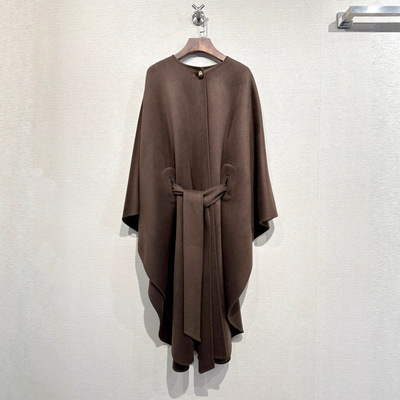山羊绒双面斗篷2025春秋新款绵羊毛呢束腰外套高个子宽松披肩大衣