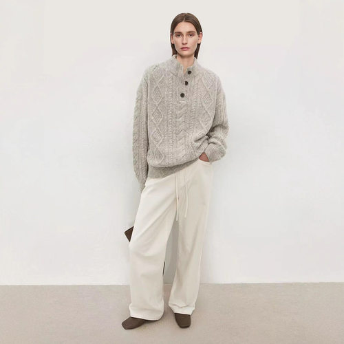 JOC粗针细羊毛夹花纱复古老钱风多重绞花亨利领女士毛衣秋冬外穿