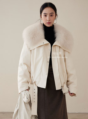 Ress.M十三行极简巨好毛领派克服保暖90白鸭绒狐狸毛大翻领羽绒服