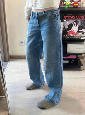 水洗做旧中低腰牛仔裤女新款显瘦080L复古浅蓝纯棉宽松直筒牛5010