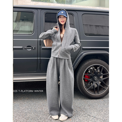 T-PLATFORM广州十三行 冬季新款运动风穿搭灰色卫裤休闲套装83505