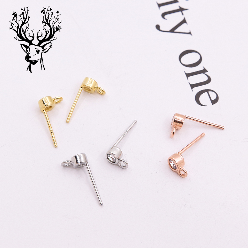 925纯银DIY耳环配件带环锆石耳钉