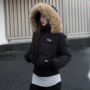 美式短款2025年冬季潮流短款收腰显瘦高级感大毛领连帽棉服外套
