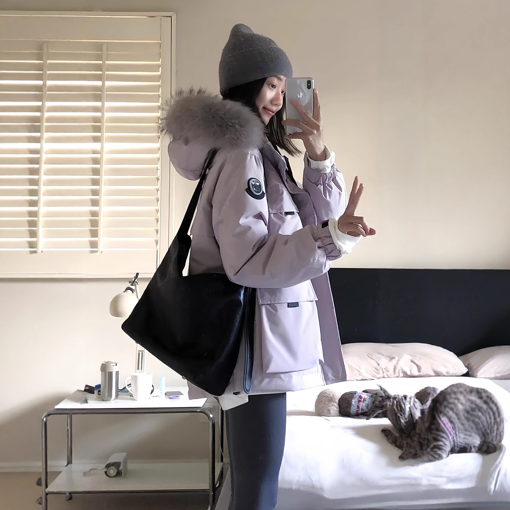 冰晶紫色大毛领工装羽绒棉服女2025年新款三防加厚派克服冬季外套