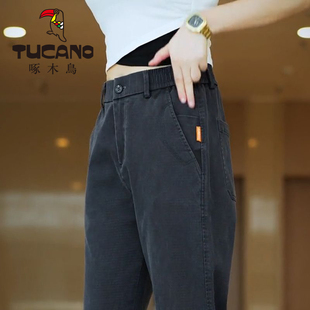啄木鸟松紧腰休闲裤男秋冬加绒加厚2025新款宽松直筒中年男士裤子