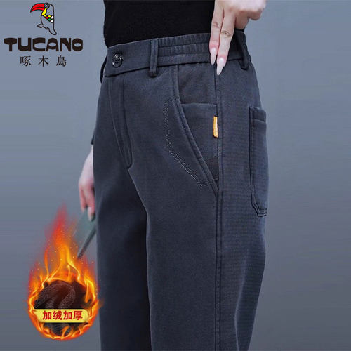 啄木鸟加绒加厚休闲裤2025年新款秋冬季中老年男士宽松直筒长裤子