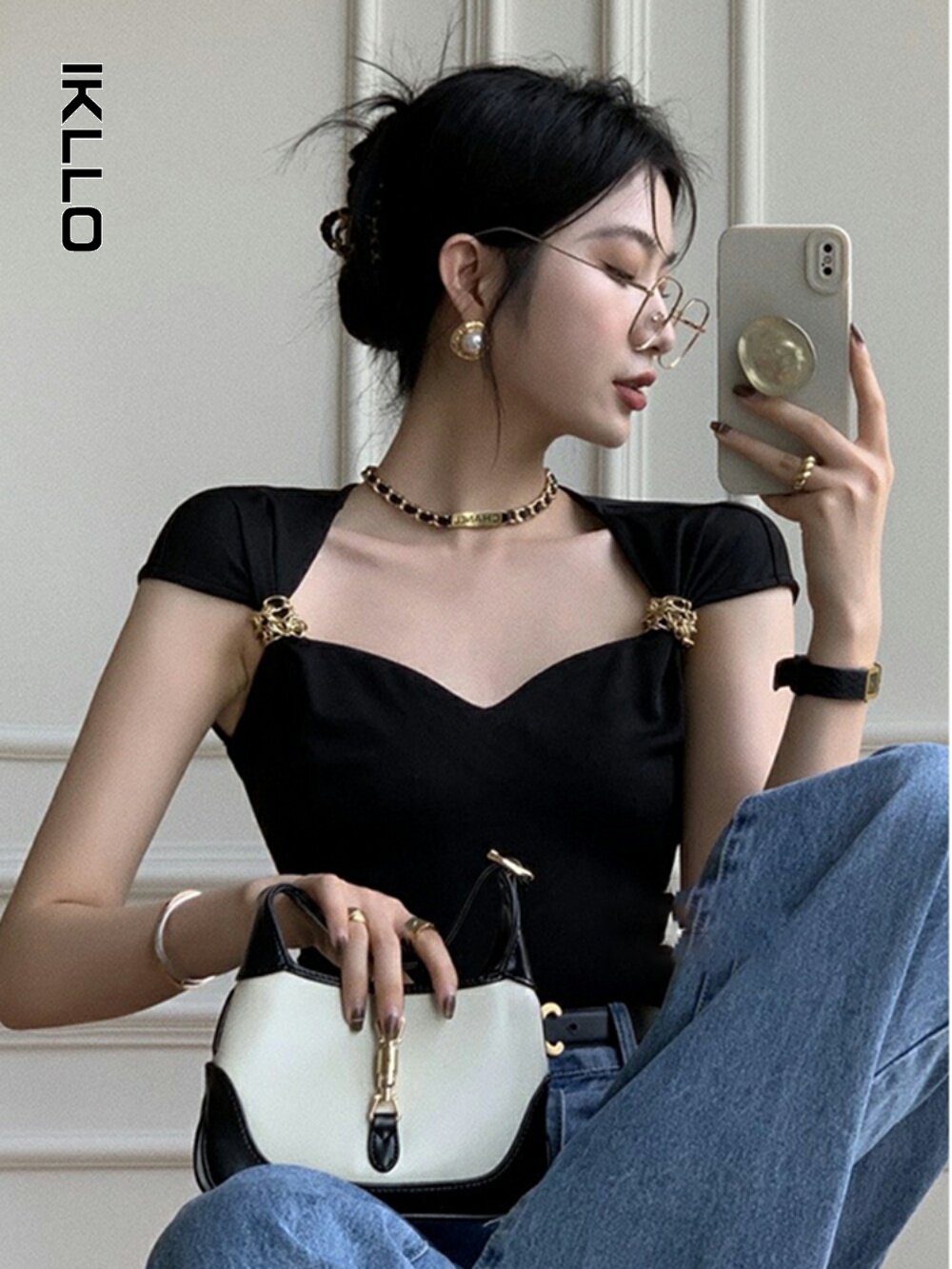 프렌치 레트로 블랙 튜브 탑 캐미솔 여성 여름 겉옷 섹시한 뜨거운 소녀 민소매 짧은 세련된 탑