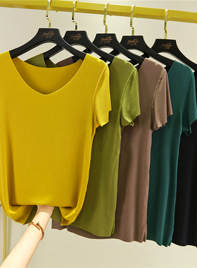 外穿无痕短袖T恤女莫代尔圆领v领内搭修身打底衫夏百搭半袖薄上衣