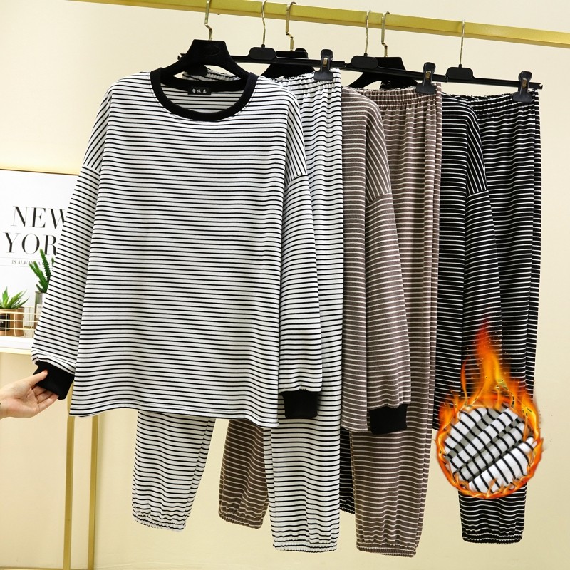女德绒黑白条纹家居服套装