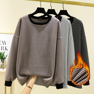 2023秋冬德绒黑白条纹宽松圆领长袖T恤女外穿加绒加厚上衣打底衫