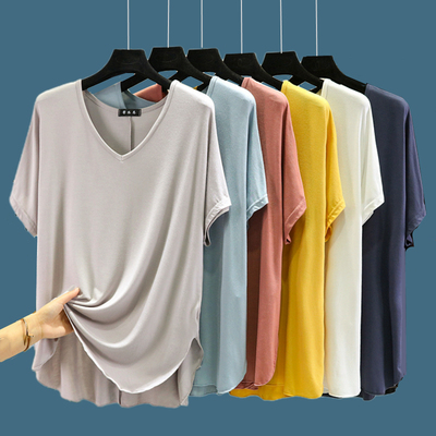 纯色莫代尔v领短袖T恤女夏季薄款大码宽松上衣内搭百搭显瘦打底衫
