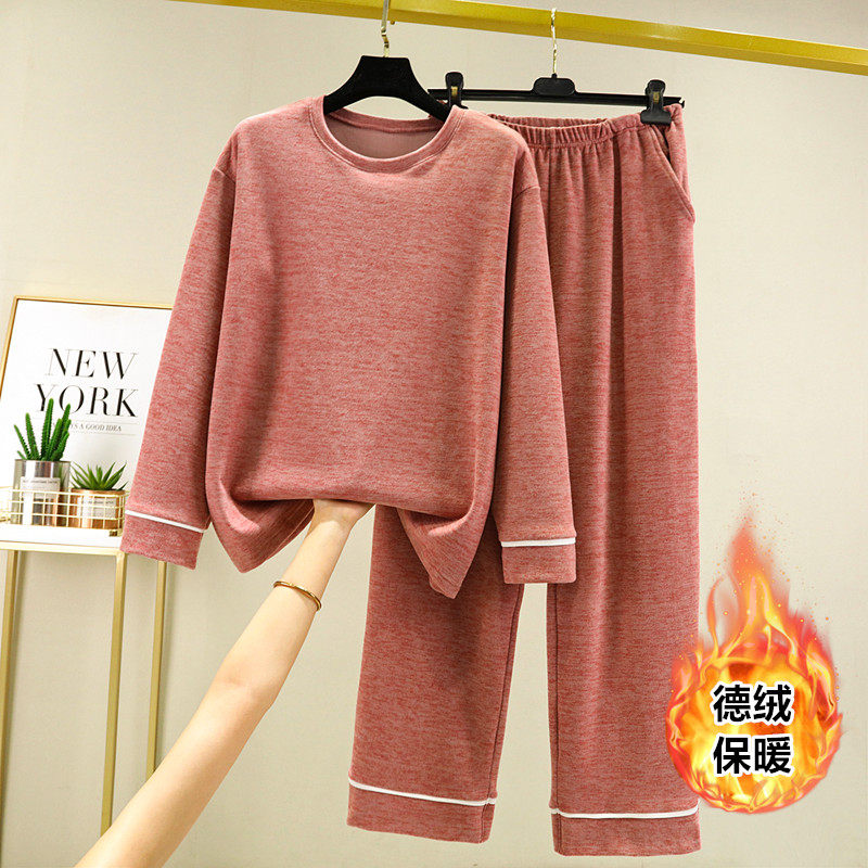 秋冬加绒长袖家居服套装女加厚德绒保暖睡衣宽松T恤休闲裤两件套