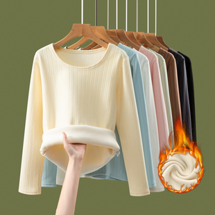 加绒加厚圆领长袖T恤女秋冬大码保暖内搭修身显瘦打底衫纯色上衣