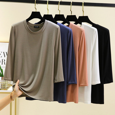 莫代尔七分袖圆领T恤女士秋季薄款上衣纯色内搭大码打底衫可外穿