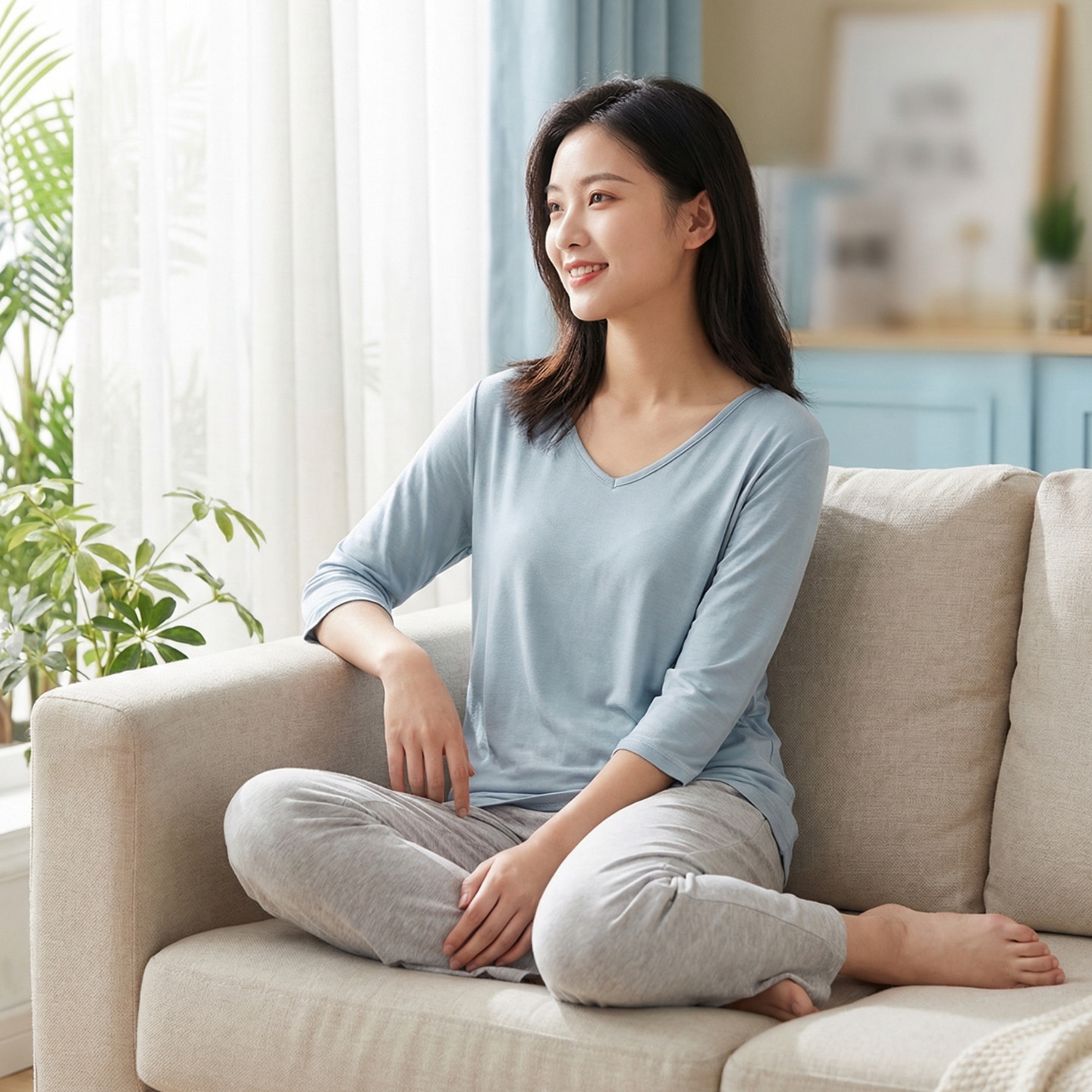 莫代尔七分袖T恤女夏季薄款V领上衣宽松打底衫纯色简约大码上衣
