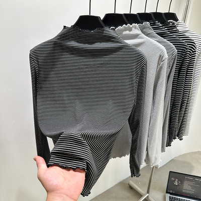木耳半高领德绒长袖T恤女秋冬季加绒加厚保暖打底衫条纹内搭上衣