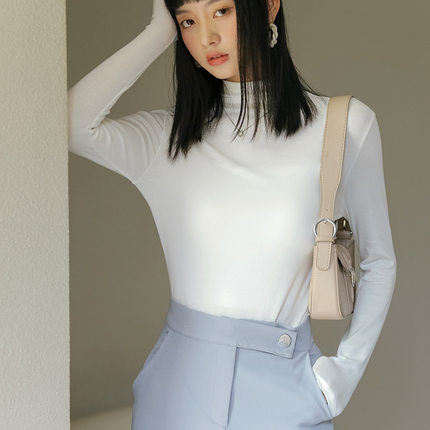 莫代尔棉修身半高领中领长袖打底衫女内搭春秋冬紧身纯色t恤上衣