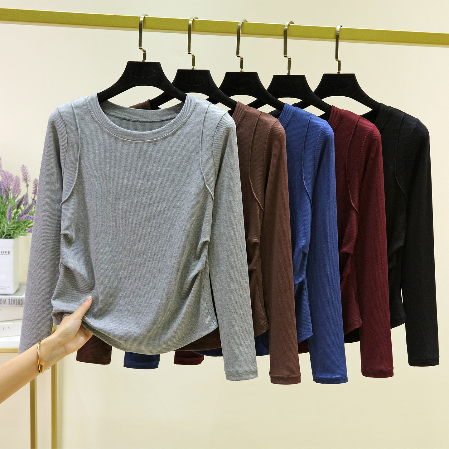 收腰长袖T恤女春秋大码外穿休闲螺纹上衣薄款内搭纯色圆领打底衫