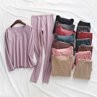 秋衣秋裤 加绒加厚打底衫 两件套 德绒无痕贴身保暖上衣女套装 秋冬季