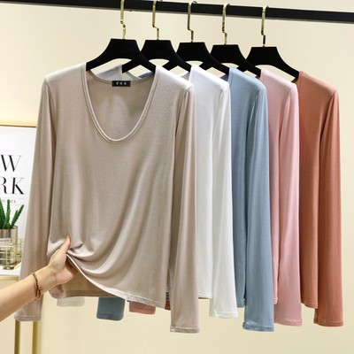莫代尔U领长袖打底衫女春夏外穿防晒T恤宽松大码慵懒风休闲薄上衣