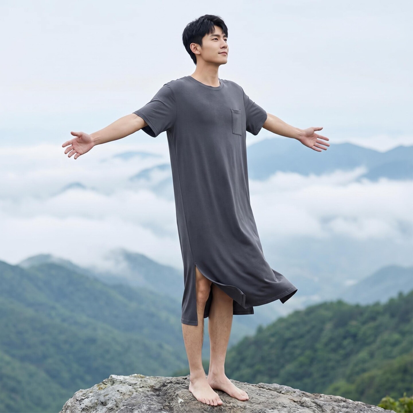 男士莫代尔睡裙睡袍夏季宽松短袖长款连体睡衣薄款家居服浴袍晨袍