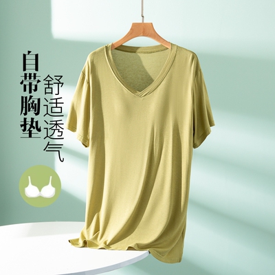 莫代尔薄款带胸垫V领短袖T恤女夏季外穿中长款内搭打底衫宽松上衣