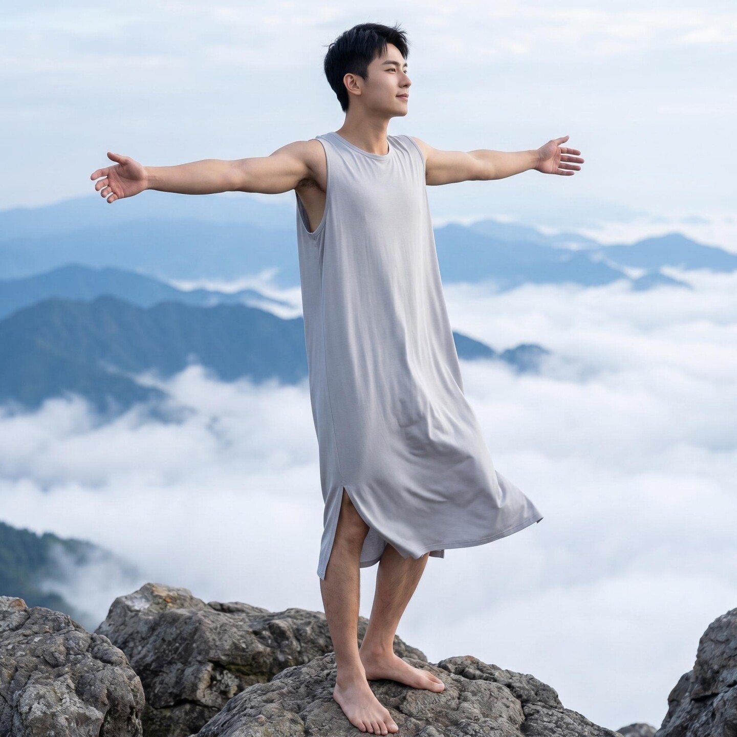 男士薄款凉感莫代尔中长款睡衣夏季睡裙晨袍浴袍大码家居服长睡袍
