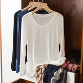 打底衫 内搭上衣秋衣纯色简约百搭长袖 薄款 莫代尔V领T恤女春秋修身