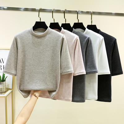 秋冬德绒七分袖打底衫女新款加绒加厚大码内搭T恤半高领保暖上衣