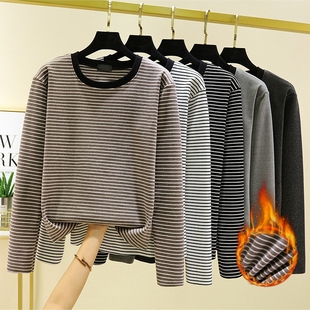 秋冬磨毛德绒条纹打底衫女加绒加厚圆领长袖内搭T恤大码保暖上衣