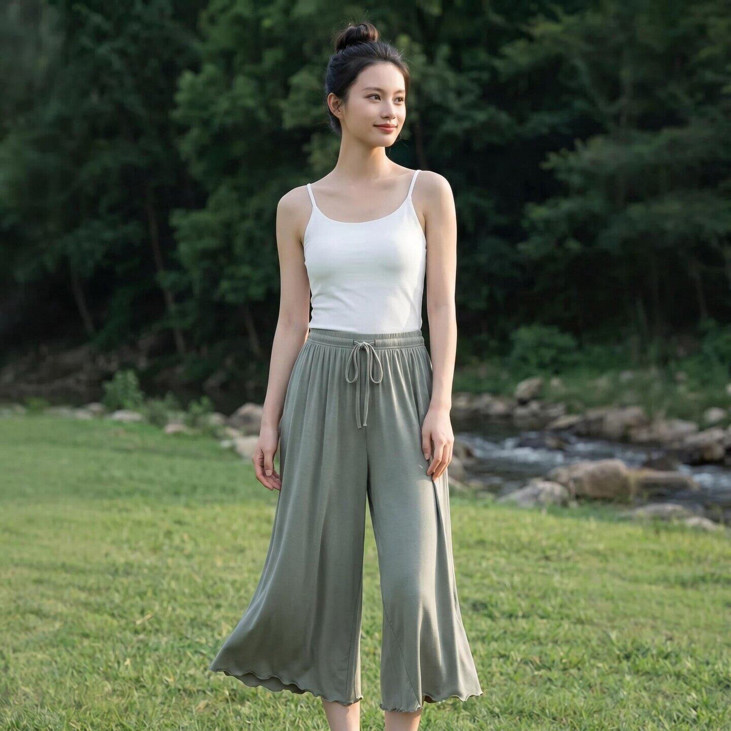 大码莫代尔高腰收腹七分裤女夏季宽松休闲裤薄款阔腿裤家居裤睡裤