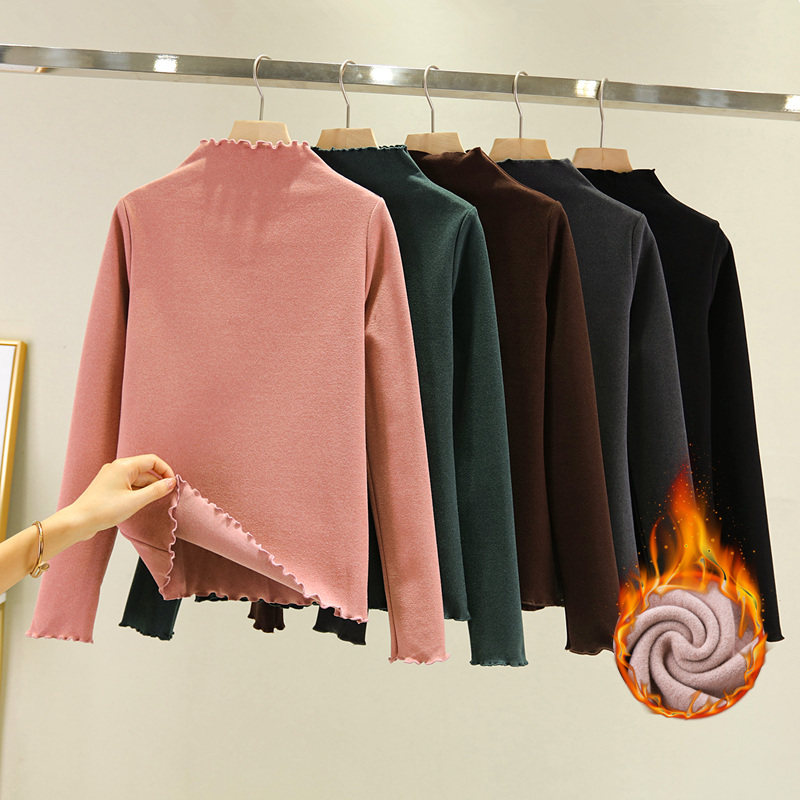 秋冬德绒贴身长袖打底衫女士木耳边半高领内搭加绒加厚T恤绒上衣