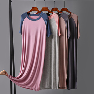 睡裙 新款 莫代尔拼接连衣裙女宽松显瘦直筒长裙短袖 开叉裙薄款 大码