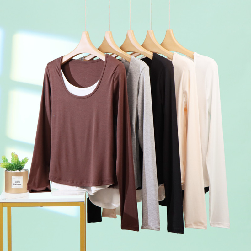 莫代尔圆领拼色假两件长袖T恤女秋冬薄款打底衫显瘦内搭外穿上衣