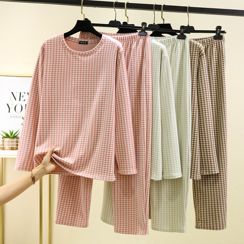 冬季德绒格子睡衣睡裤套装女士加绒加厚保暖家居服长袖长裤两件套