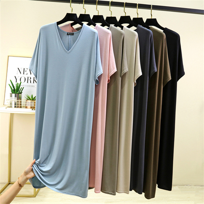 莫代尔落肩V领宽松睡裙夏季短袖连衣裙女大码中长款家居服薄裙子