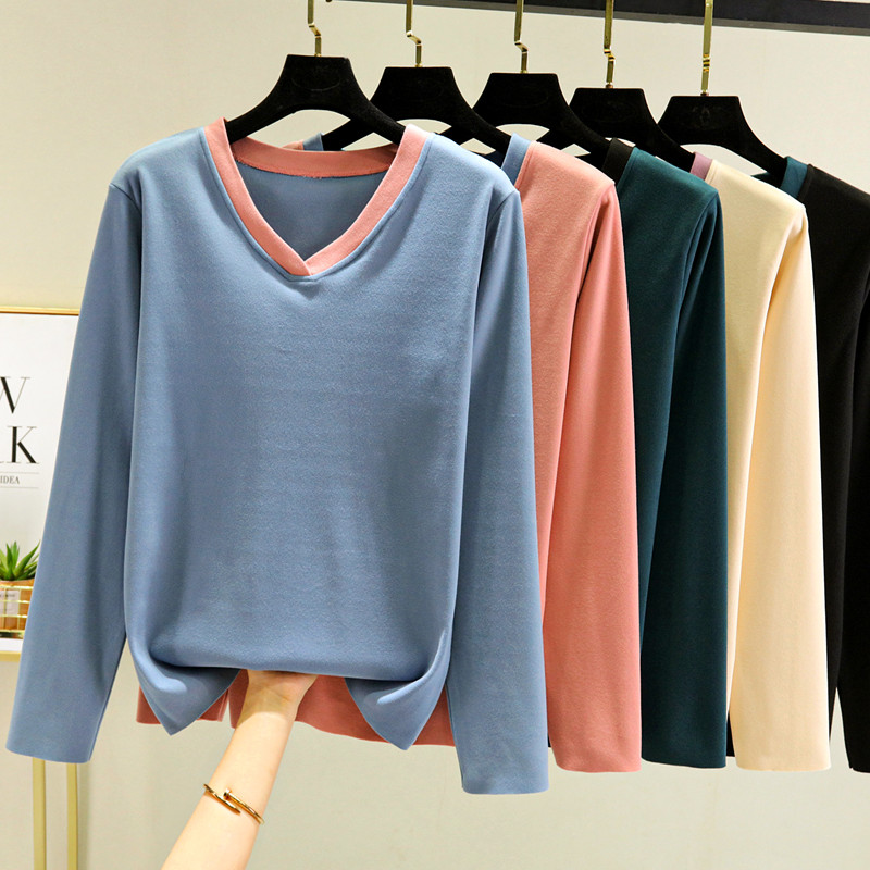 长袖韩版加厚V领拼色德绒女
