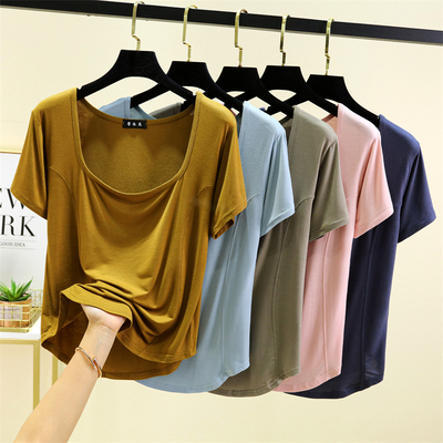 新款方领前拼短袖T恤女夏季薄款莫代尔内搭圆弧下摆半袖上衣外穿