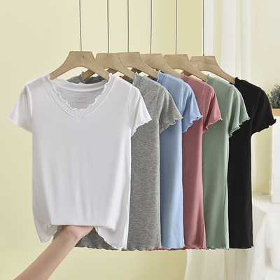 v领木耳边t恤女夏季针织衫百搭