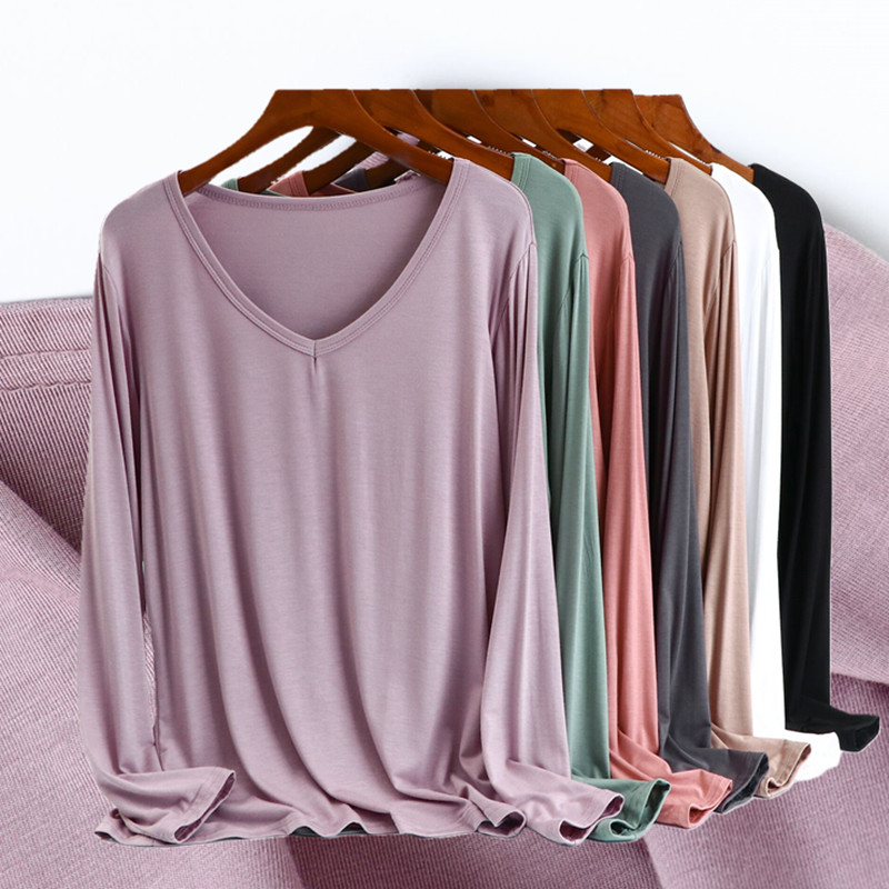 V领莫代尔打底衫女春秋薄款长袖T恤宽松内搭上衣加大码纯色秋衣