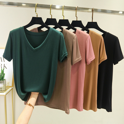 螺纹莫代尔短袖v领t恤女夏季薄款内搭打底衫外穿修身显瘦大码上衣