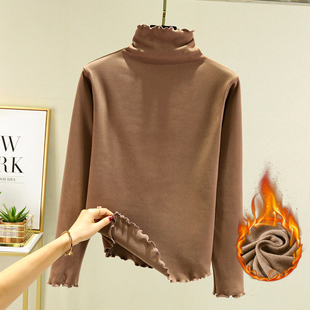 德绒木耳边半高领T恤女秋冬加绒加厚修身内搭长袖保暖打底衫磨毛