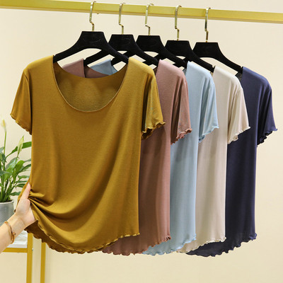 短袖百搭薄款木耳边莫代尔女