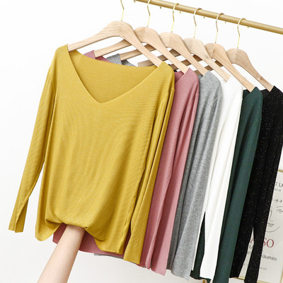 莫代尔长袖t恤v领内搭打底衫薄款