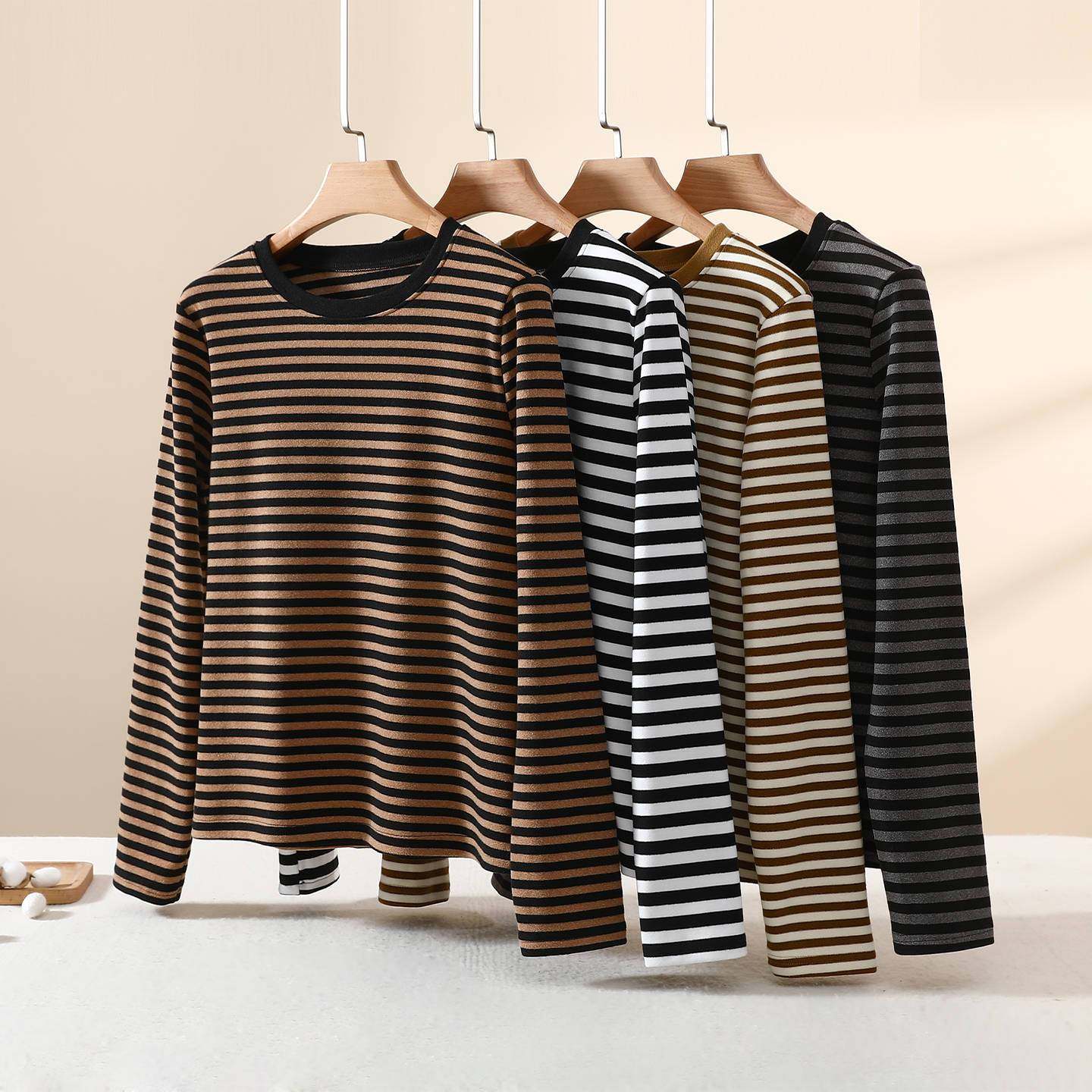 德绒条纹圆领上衣女秋冬大码内搭加绒加厚打底衫外穿保暖长袖T恤