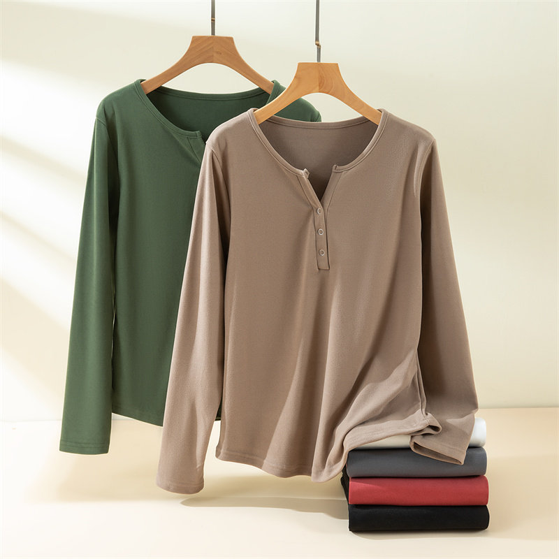 德绒三扣长袖保暖T恤女秋冬v领内搭加绒加厚打底衫宽松显瘦上衣