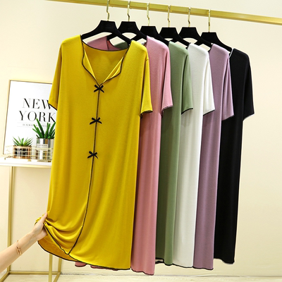 夏季莫代尔短袖睡裙大码女V领连衣裙翻领长裙可外穿宽松过膝裙子