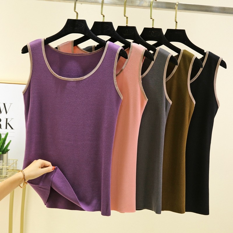 秋冬薄款德绒吊带背心女修身保暖内搭打底衫螺纹紧身加绒马甲上衣